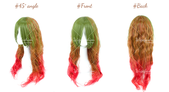 Tri Tone Green/Brown with Red bottom Long Wavy 75cm-45-front-back.jpg